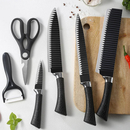 6 Pcs Professional Kitchen Knife Set – Non Stick Serrated Knives with Scissors, Peeler & Sharpener