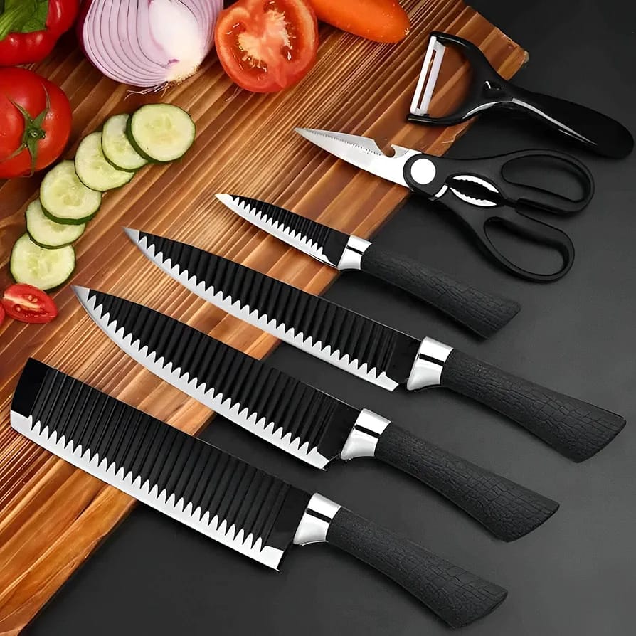 6 Pcs Professional Kitchen Knife Set – Non Stick Serrated Knives with Scissors, Peeler & Sharpener