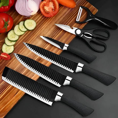 6 Pcs Professional Kitchen Knife Set – Non Stick Serrated Knives with Scissors, Peeler & Sharpener