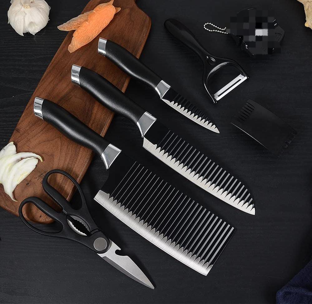 6 Pcs Professional Kitchen Knife Set – Non Stick Serrated Knives with Scissors, Peeler & Sharpener